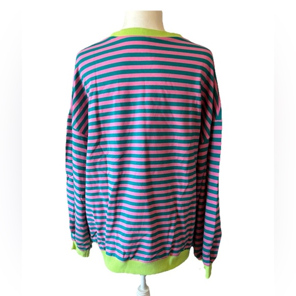 Women’s Striped Pink & Green Oversize Sweatshirt Crewneck Top Large NWT - Picture 2 of 5